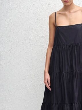 Pitusa pom pom tiered sundress petite black cotton midi dress cover up